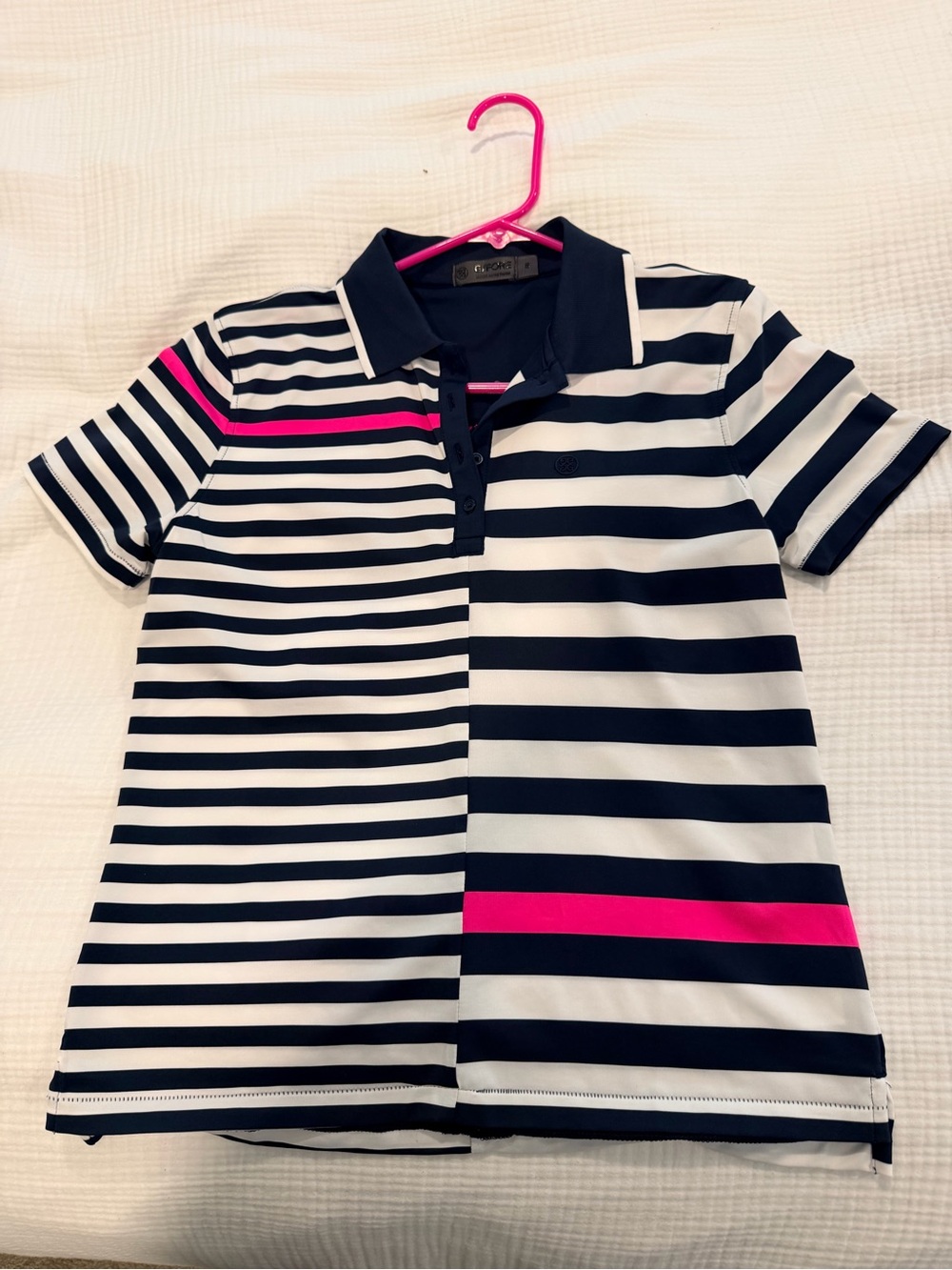 G/FORE Striped Polo Shirt with Pink Accent - Navy & White